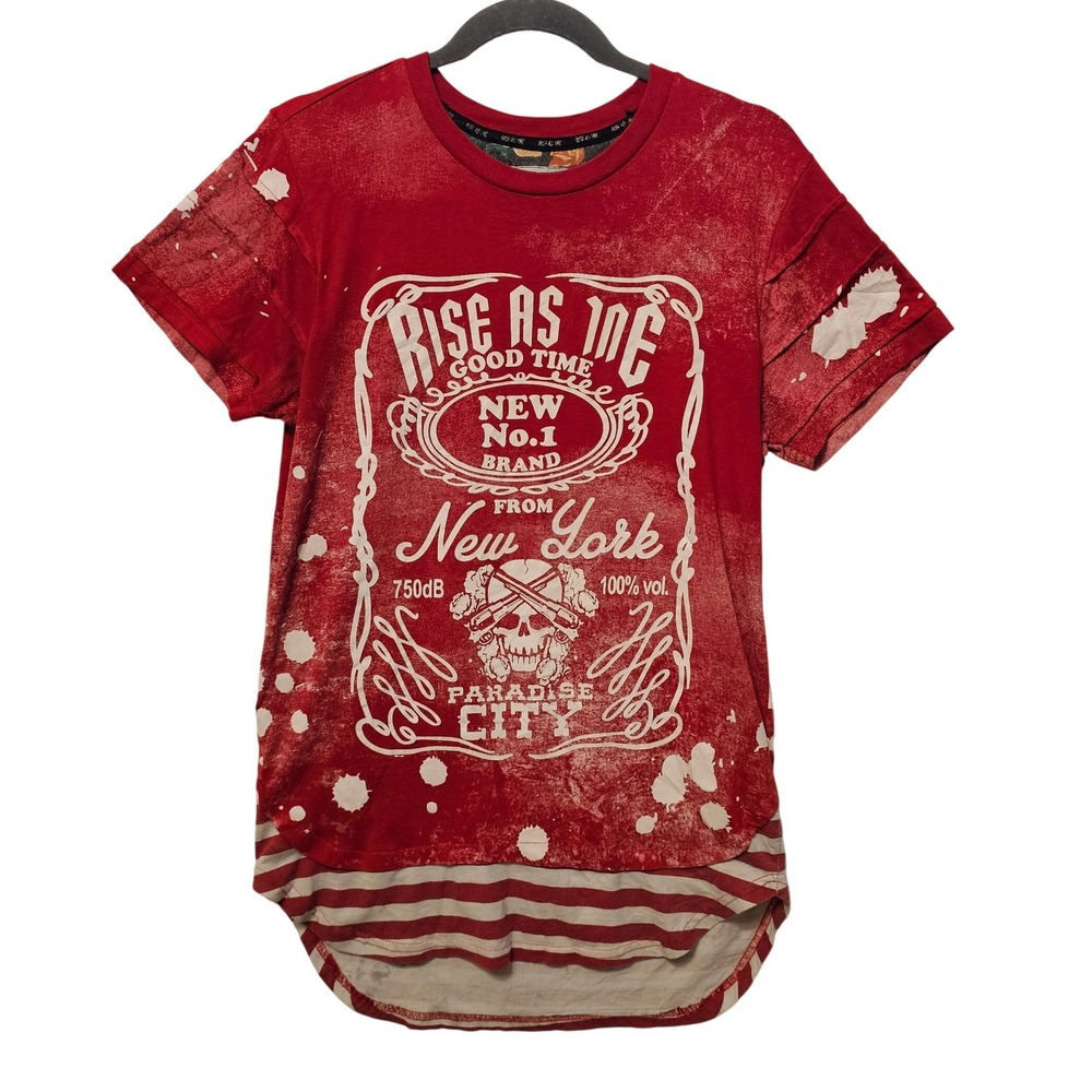 Rise As‎ One Mens Red Acid Wash Graphic T-Shirt Skull New York Striped Hem 1536